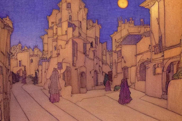 Image similar to winding street at twilight in a very old city by Edmund Dulac and Nicholas Roerich and jean delville, glowing paper lanterns, strong dramatic cinematic lighting , ornate tiled architecture, lost civilizations, smooth, sharp focus, extremely detailed