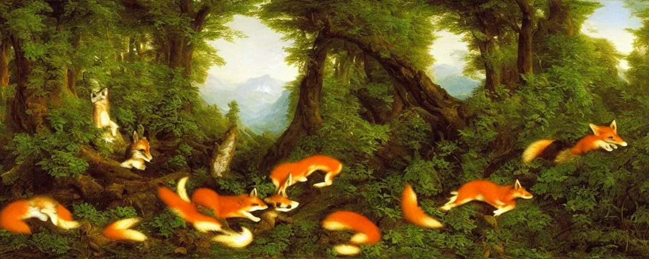 Image similar to foxes in the forest, by thomas cole