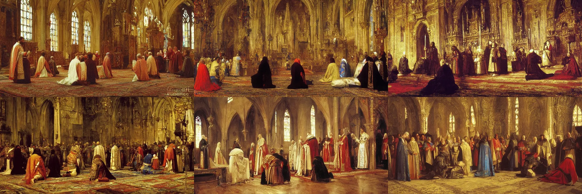 Prompt: colorful masterpiece painting of 4 medieval kings kneeling before the pope, in a church. arstation, ilya repin, craig mullins