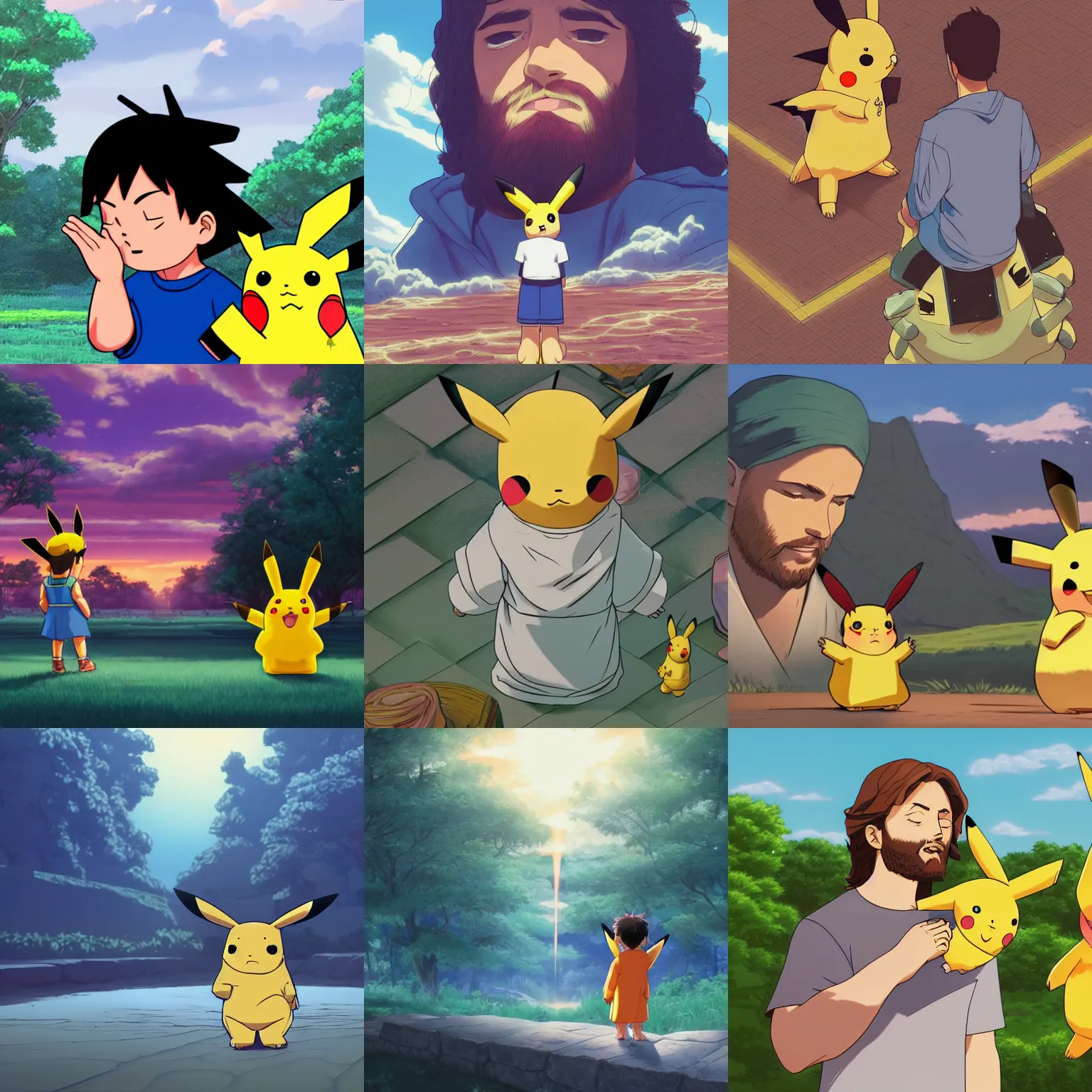 Prompt: a portrait of jesus praying, pikachu on shoulder by dan mumford, yusuke murata and makoto shinkai, 8 k, cel shaded, unreal engine, featured on artstation, pixiv