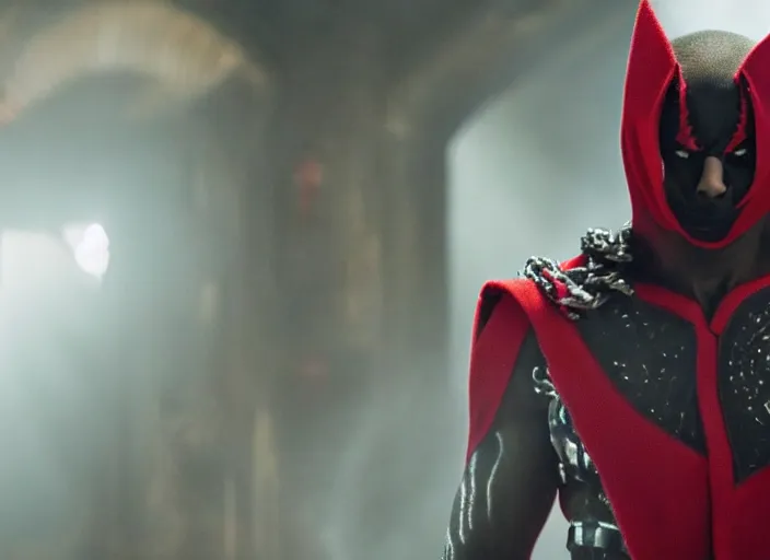 Image similar to film still of michael b jordan as spawn in the new spawn movie, giant chains, large cape, 8 k