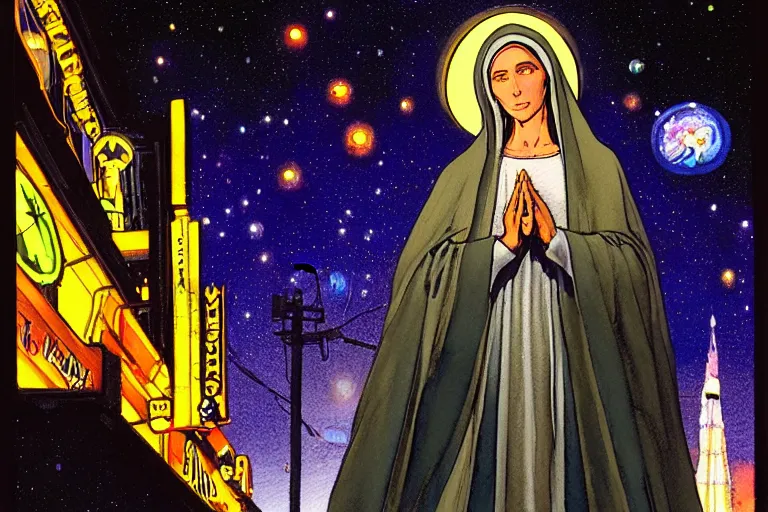 Image similar to a hyperrealist watercolour character concept art portrait of the blessed virgin mary protecting the city from an alien invasion on well lit starry night in las vegas, nevada. neon lights. there is a man in black. by rebecca guay, michael kaluta, charles vess and jean moebius giraud