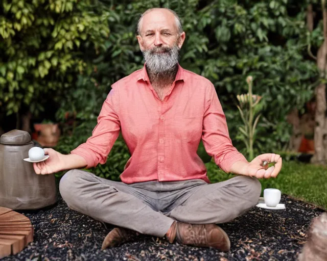 Image similar to mr robert is drinking fresh tea and meditate in a garden from spiral mug, detailed calm face, grey short beard, golden hour, red elegant shirt