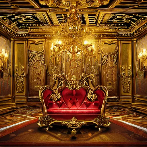Prompt: Ornate Room full of treasures Golden Coins Heirlooms Paintings Jewels Gemstones Jewelry Magical Sparkling Diamonds Riches Fantasy Hyper detailed digital matte painting, concept art, hyperrealism, Cinema 4D, 8k resolution, 64 megapixels, coherent, bokeh, CGSociety, ZBrush Central, behance HD, hypermaximalist, a masterpiece, 4K