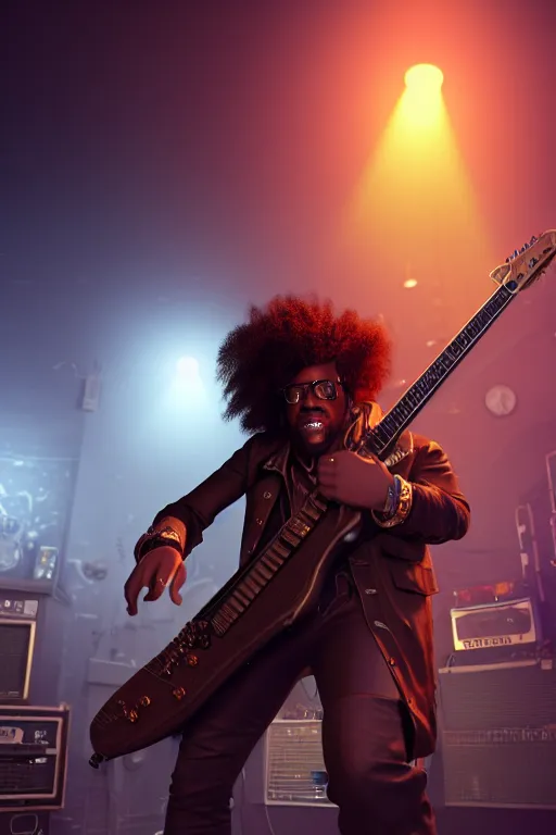 Image similar to a steampunk black man with long curly hair, playing electric guitar at a night club, focus on the musicians, cinematic lighting, exaggerated detailed, unreal engine, octane render, trending on artstation, art by greg rutkowski, 4 k