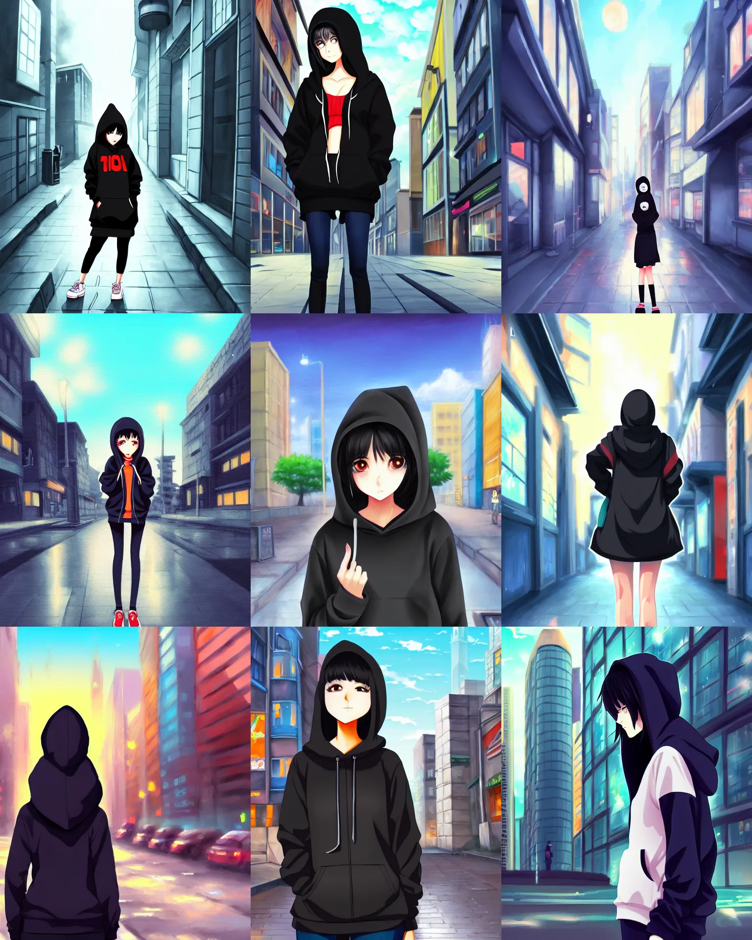 Prompt: black haired girl wearing hoodie, city street background, anime illustration oil painting pixiv ranking