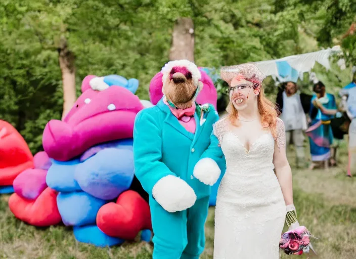 Image similar to care bear themed wedding, professional photography, nerd marriage