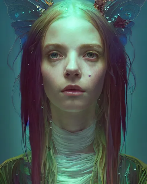 Image similar to highly detailed surreal vfx portrait of a postcyberpunk fairy, stephen bliss, unreal engine, greg rutkowski, loish, rhads, beeple, makoto shinkai and lois van baarle, ilya kuvshinov, rossdraws, tom bagshaw, alphonse mucha, global illumination, detailed and intricate environment