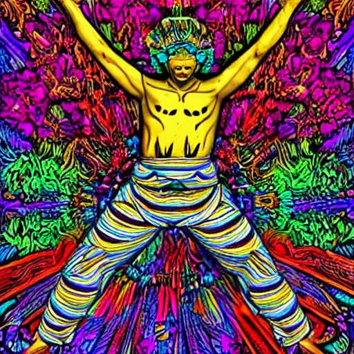 Prompt: god of psychedelics dancing in a vortex made of flowers