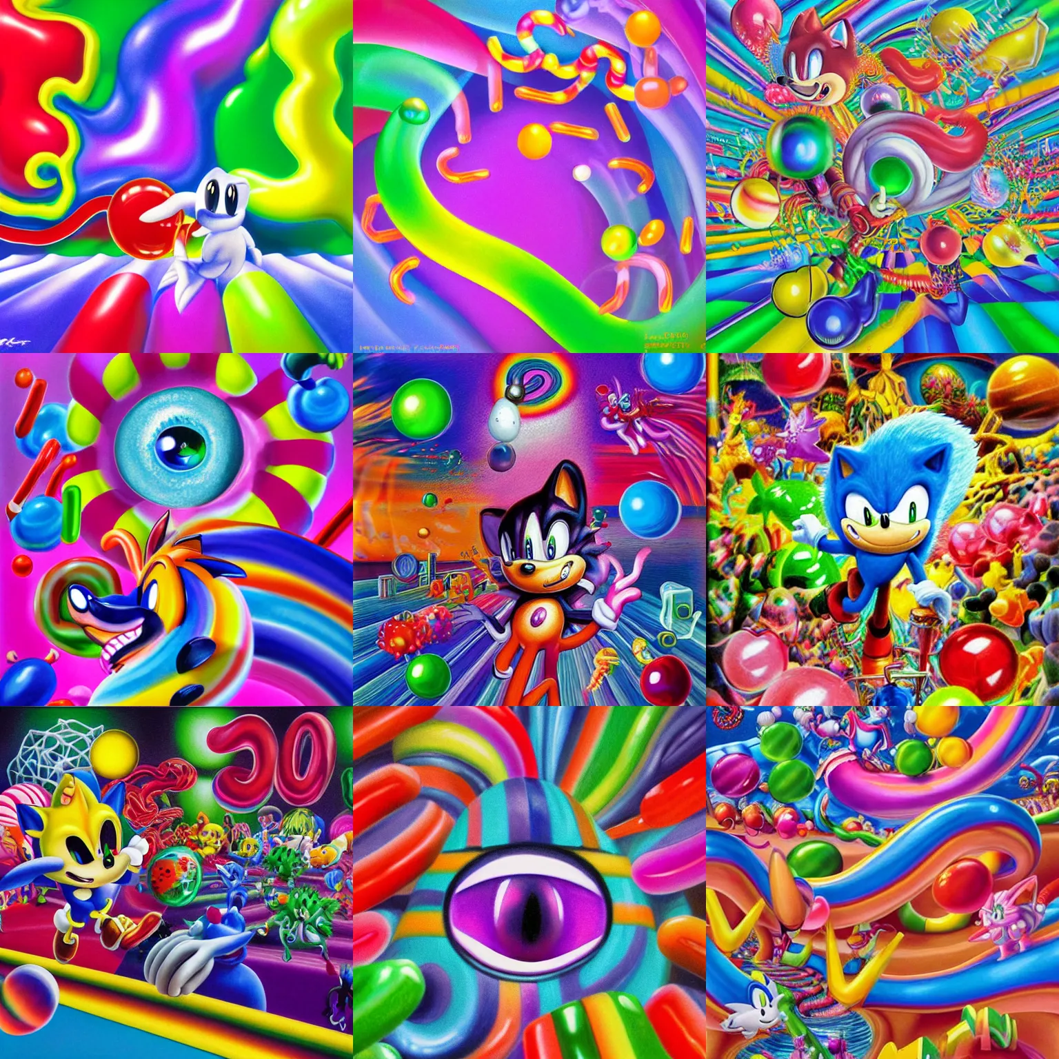 Prompt: surreal, sharp, detailed professional, soft pastels, high quality airbrush art album cover of a liquid bubbles airbrush art lsd taffy dmt sonic the hedgehog dashing through cotton candy, gummy worm checkerboard background, 1 9 9 0 s 1 9 9 2 sega genesis rareware video game eyeball