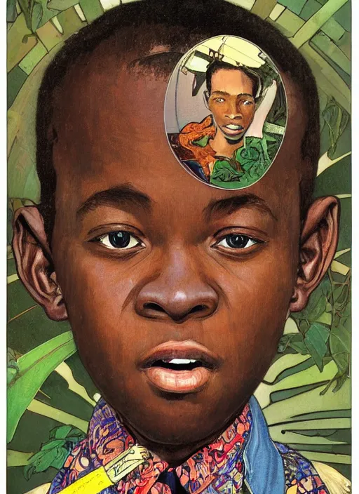 Prompt: colourful upper half portrait of an african boy with proportions in the style of jack davis - presented in magazine collage style, art by hsiao - ron cheng & alphonse mucha, magazine collage, highly detailed, caricature, caricature, digital painting, concept art, ray tracing, illustration, illustration, smooth, sharp focus, intricate, symmetry, pinterest, behance, artstation