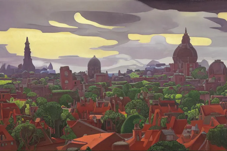 Prompt: view of the old grey city and its gardens after a storm, tall windows lit up, beautiful ornamental architecture, dramatic cinematic lighting, rich colors, by Nicholas Roerich and William Dyce and April Gornik and Sylvain Sarrailh and Ludwig Deutsch and Diego Rivera, featured on artstation