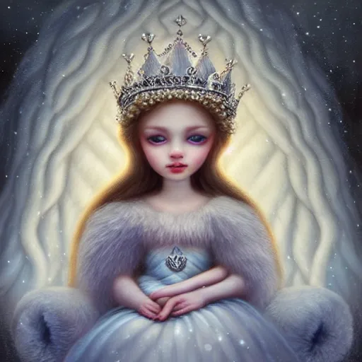 Prompt: highly detailed closeup portrait of a snow, ice princess, she is wearing a crown, she is sitting on a throne surrounded by fluffy bears, nicoletta ceccoli, mark ryden, lostfish, earl nore, global illumination, god rays, detailed and intricate environment