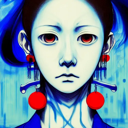 Prompt: blue and white color palette, yoshitaka amano blurred and dreamy realistic three quarter angle horror portrait of a sinister young woman with short hair, big earrings and red eyes wearing office suit with tie, junji ito abstract patterns in the background, satoshi kon anime, noisy film grain effect, highly detailed, renaissance oil painting, weird portrait angle, blurred lost edges