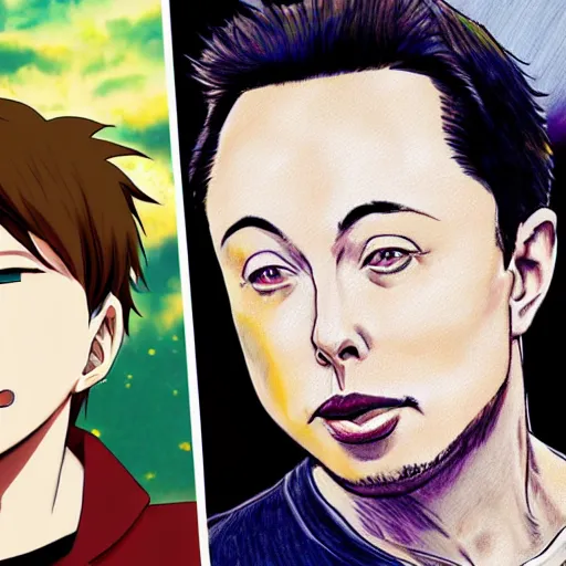 Prompt: Anime Himbo, Elon Musk Face, Drawing, Anime