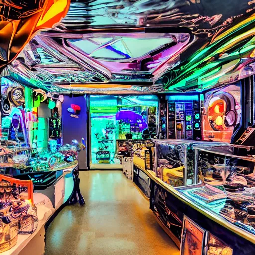 Prompt: a dirty alien shop, futuristic, holographic, 8k, sharp focus, W-1024