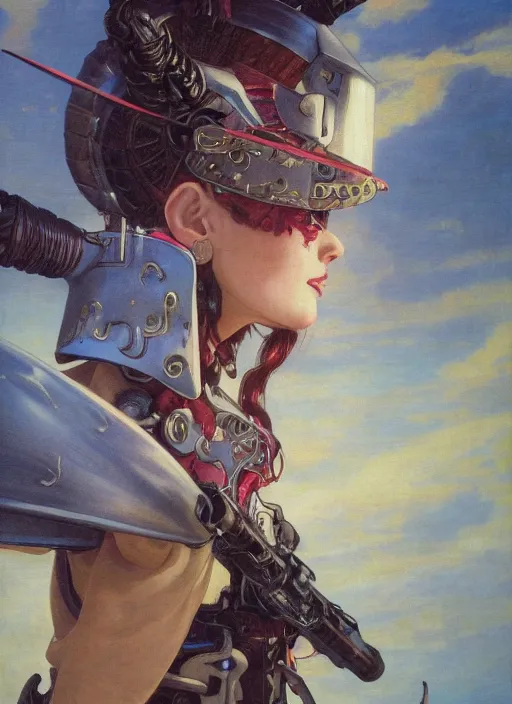 Prompt: symmetry! closeup portrait of a beautiful biblical diabolical samurai girl holding a gun, bio cyborg armor, in clouds, cinematic studio light, windy, sunrise, by gerald brom, by mikhail vrubel, by peter elson, muted colors, extreme detail, trending on artstation, 8 k
