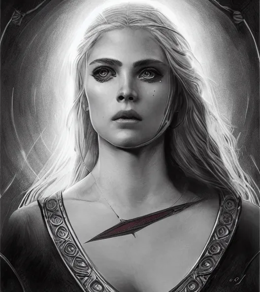 Image similar to portrait of beautiful aphrodite goddess as an archer warrior, arrow, beautiful piercing eyes, flowing blonde hair, realistic face, black and white drawing, in the style of greg rutkowski, fantasy, amazing detail, epic, intricate, elegant, smooth, sharp focus