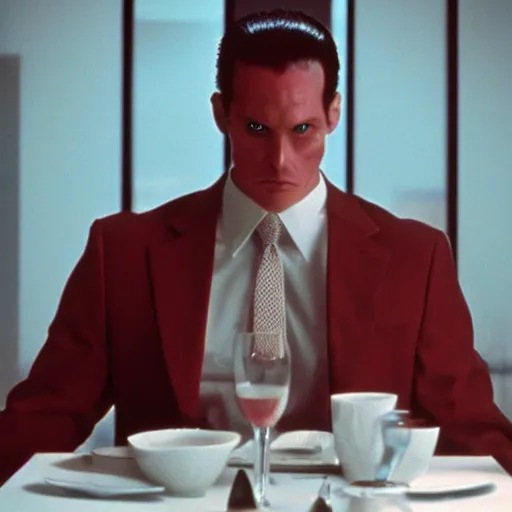 Prompt: Anthromorphic dragon man in the American Psycho (2000), doing the Bateman stare, cinematic still, 4K Bluray