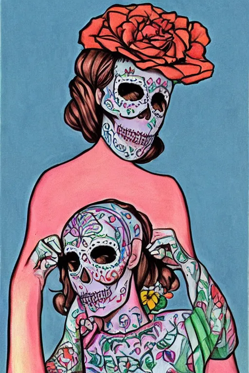 Image similar to Illustration of a sugar skull day of the dead girl, art by edward hopper