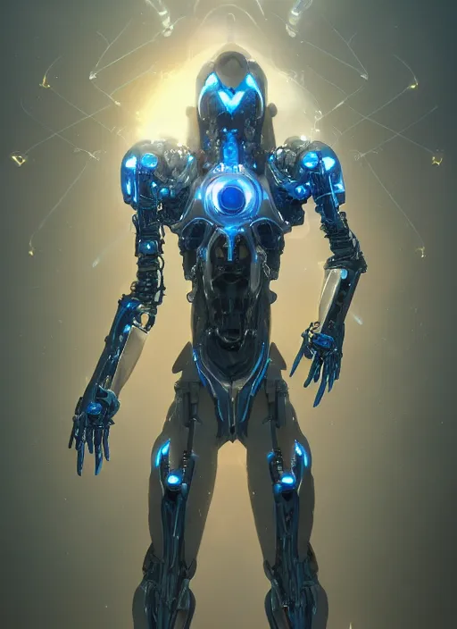 Image similar to benevolent cyborg necromancer, scifi, futuristic, helpful, kind, intelligent, alien room background, white, blue, gold, highly detailed, trending on artstation, soft light, holy machine, advanced technology, art by vitaly bulgarov and nivanh chanthara