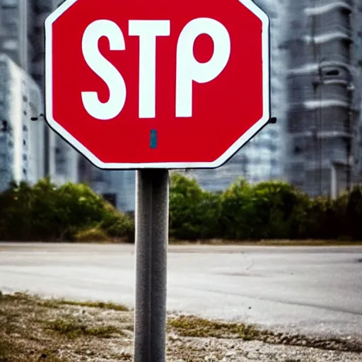 Prompt: stop sign in a dystopian city