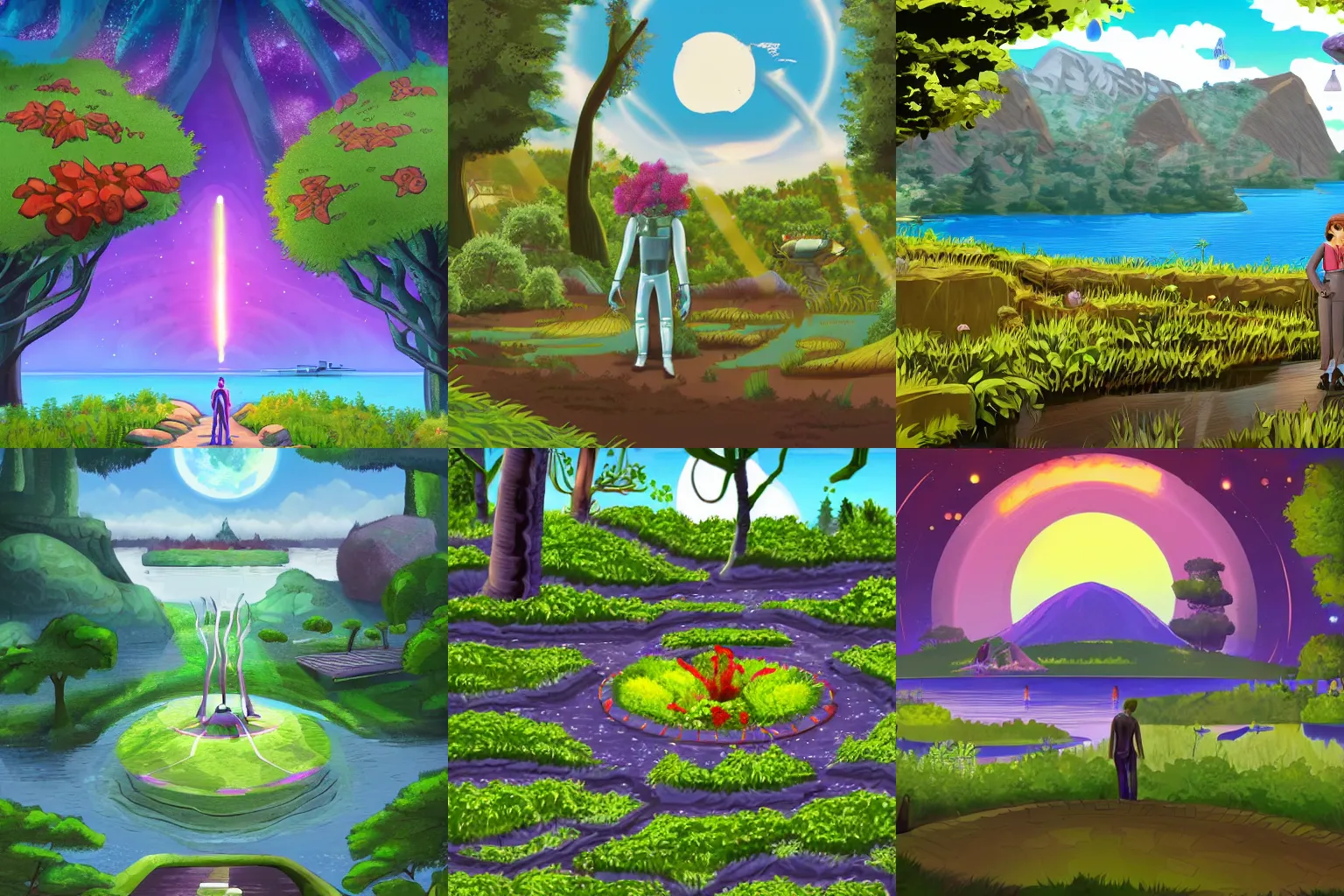 Prompt: in a park and next to a lake, in a small town on an alien planet, with strange alien plants and flowers, from a space themed Serria point and click 2D graphic adventure game, made in 2019, high quality, digital art