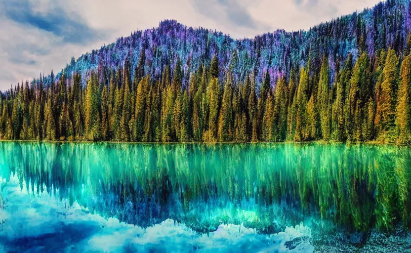 Prompt: A majestic Landscape on an alien planet filled with Colorful trees and a lake