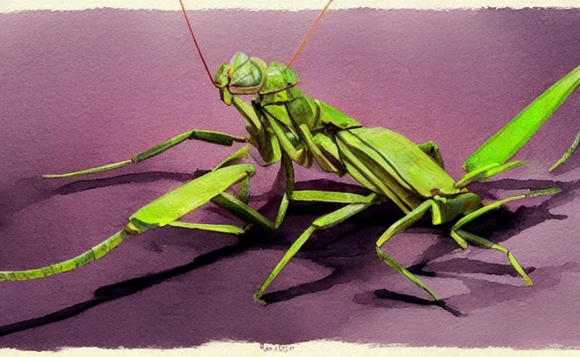 Prompt: concept art of a mantis insect, pinterest, artstation trending, behance, watercolor, by coby whitmore, silver, laser light,