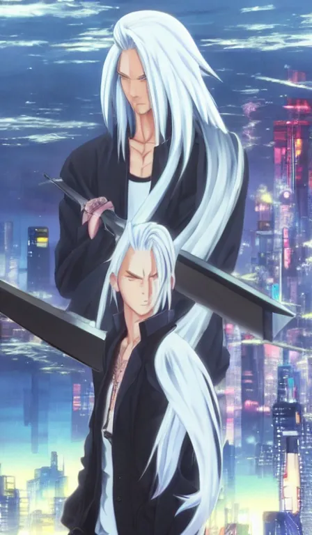 Image similar to anime fine details portrait of Sephiroth in front of cyberpunk moder city landscape on the background deep bokeh, close-up view, anime masterpiece by Studio Ghibli. 8k, sharp high quality anime, artstation