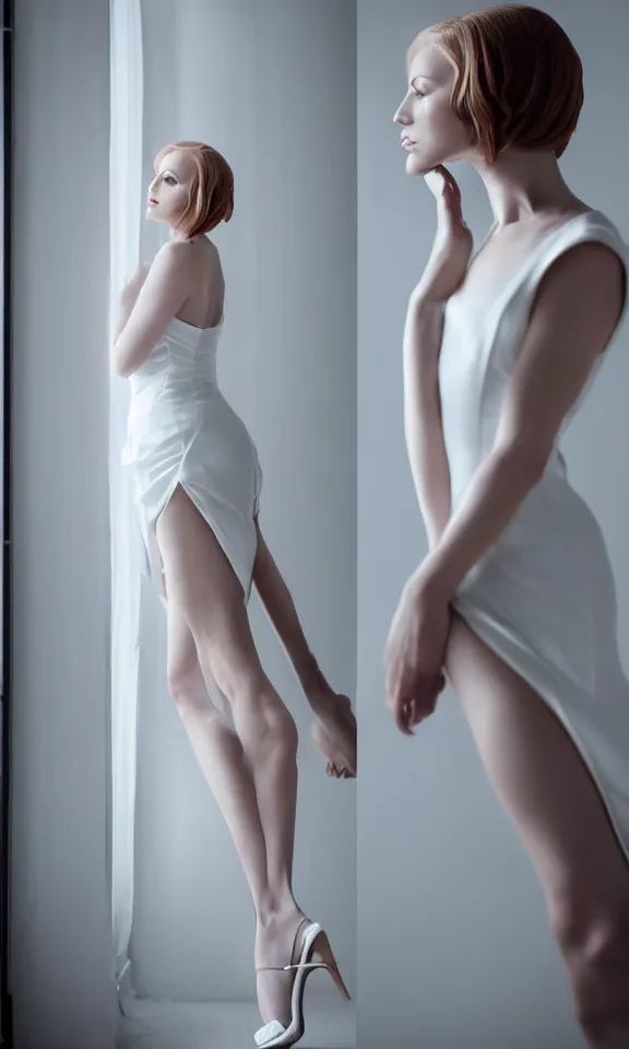 Image similar to photo of gorgeous seductive tall emily skinner cosplaying annie leonhart wearing elegant white dress, wearing open toe heels, in a white room, beautiful face, pale skin, rule of thirds, cinematic lighting, sharp focus, backlit, stunning, smooth, hard focus, full body shot, studio photo, shot on sony a 7 iii