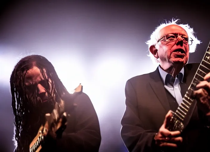 Image similar to publicity photo still of bernie sanders in a death metal band playing live on stage, 8 k, live concert lighting, mid shot