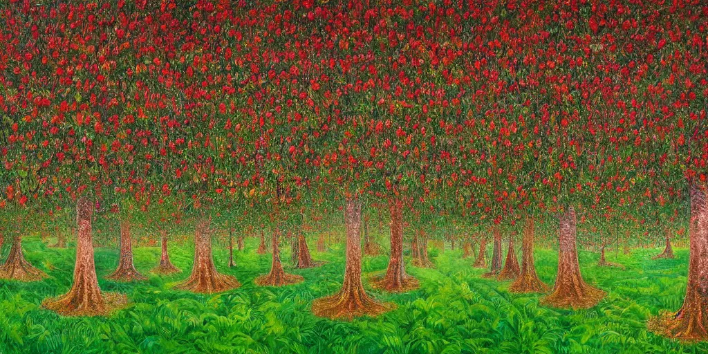 Prompt: a beautifully detailed painting of an inexplicably magical grove of supernaturally tall apple trees that stretch and twine upwards forming a vast colonnade of trunks that stretch out in rows far into the distance, rolling valley of lush green grass, transluscent leaves cresting canopy set alight with a fragile evening sunlight that refracts off a sea of apples brushed pink and red with exposure by Cuno Amiet and Frederic Edwin Church, trending on artstation deviantart