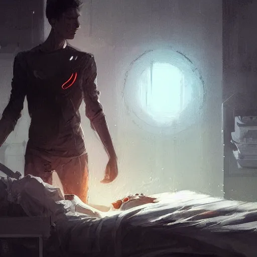 Image similar to concept art by greg rutkowski, very tall and slender young man waking up in a hospital bed, futuristic and high - tech setting but desolate and dimly lit, scifi, highly detailed portrait, digital painting, artstation, concept art, smooth, sharp foccus ilustration, artstation hq