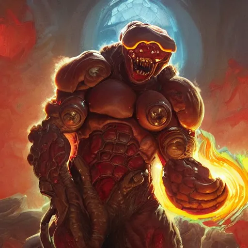 Prompt: doom eternal eating an hot dog, mutant in a shape of a burger, tubes fused with the body, painted by stanley lau, painted by greg rutkowski, painted by stanley, artgerm, masterpiece, digital art, trending on arts