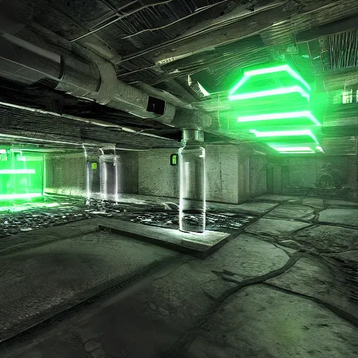 Image similar to secret underground lab, unreal engine, octane, 4 k, videogame style, retro tech, some green glowing artifacts