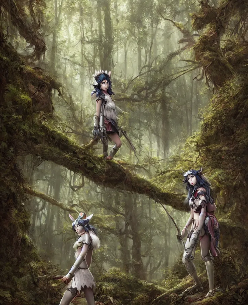 Image similar to portrait of Princess Mononoke girl, fully clothed in armor, lush forest landscape, painted by tom bagshaw, proko, artgerm, norman rockwel, james gurney, denoised, sharp, architectural