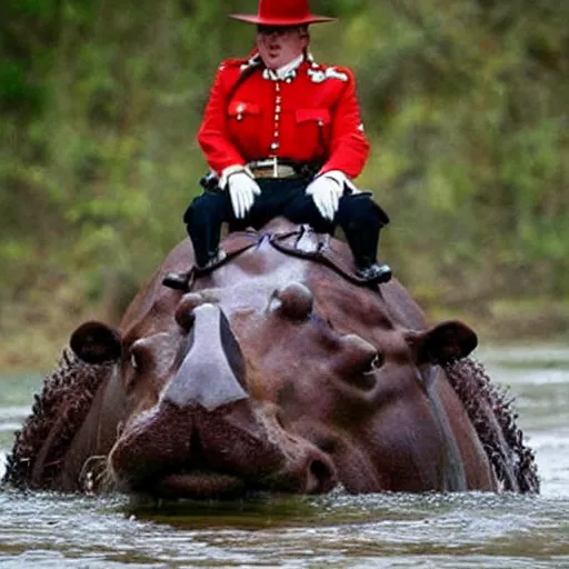 Image similar to a mountie!!!! riding on a hippo!!!!!!!