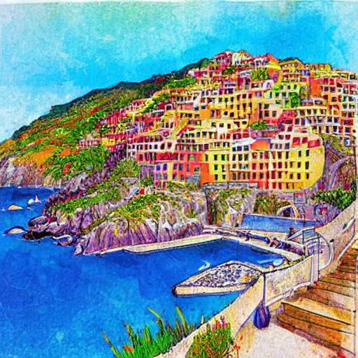 Image similar to illustration, french bande dessinée, final fantasy, mediterranean landscape, quaint village, bright colors, cinq terre, highly detailed, luminous