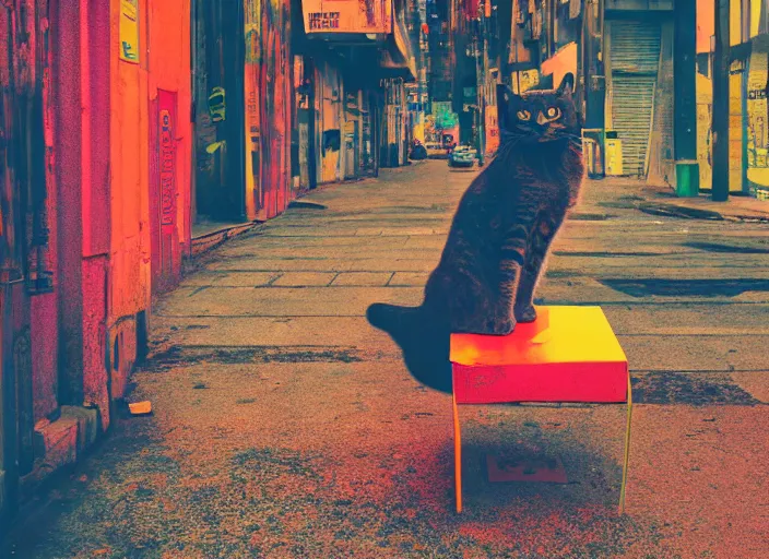 Prompt: photography of a Cat sitting on a box. in a cyberpunk street, award winning photo, saturated, colored, colors, 100mm, sharp, high res