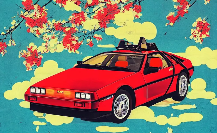 Image similar to a red delorean for a yellow tiger, art by hsiao - ron cheng and utagawa kunisada in a magazine collage, # de 9 5 f 0