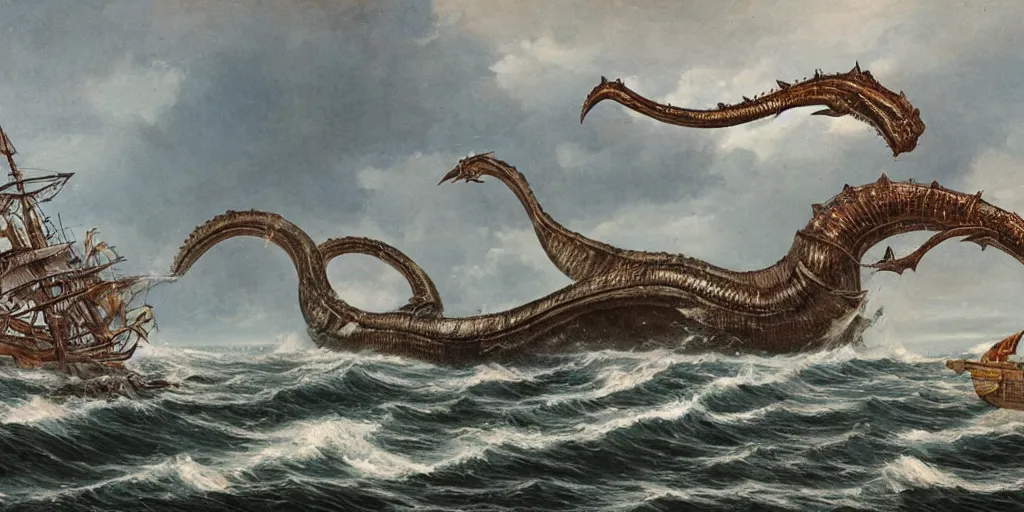 Image similar to the great sea serpent cadborosaurus fighting a ship