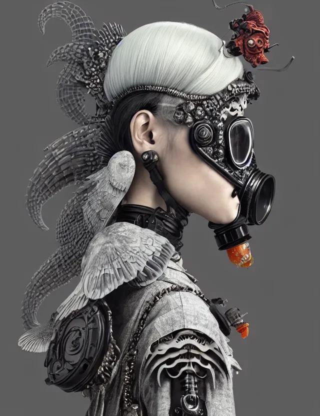 Image similar to 3 d goddess close - up profile punk portrait with vintage gas mask ram skull. beautiful intricately detailed japanese crow kitsune mask and clasical japanese kimono. betta fish, jellyfish phoenix, bio luminescent, plasma, ice, water, wind, creature, artwork by tooth wu and wlop and beeple and greg rutkowski