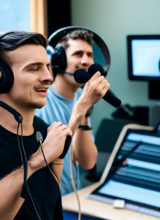 Image similar to two birds with headphones on their heads in front of a microphone recording a podcast in the studio, realistic photo, 8 k