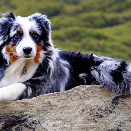 Image similar to blue Merle Australian shepard on top of a mountain