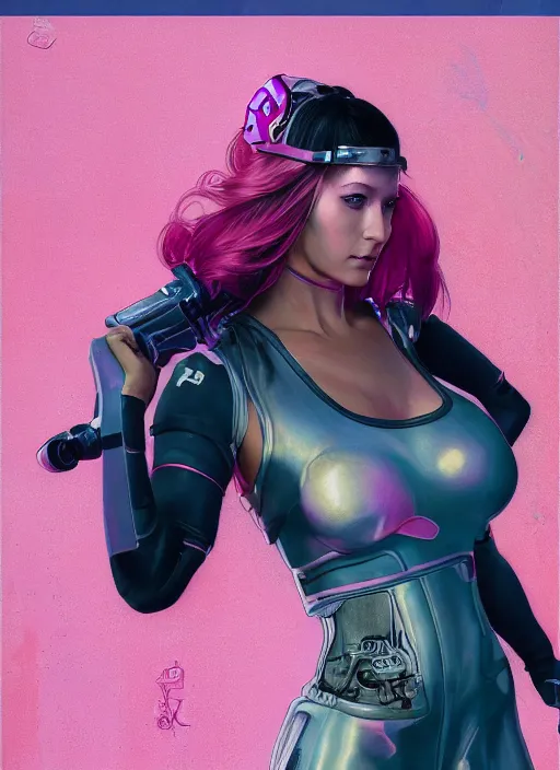 Image similar to beautiful cyberpunk female athlete in pink jumpsuit. lady with blades in arms. ad for cybernetic blade arms. cyberpunk poster by james gurney, azamat khairov, and alphonso mucha. artstationhq. gorgeous face. painting with vivid color, cell shading. ( rb 6 s, cyberpunk 2 0 7 7 )