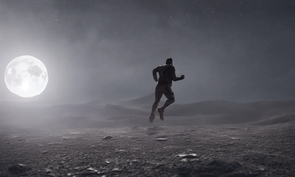 Image similar to a man running alone beneath the gaint moon toward the distant door,featured in artstation, cinematic, elegant, , 8k