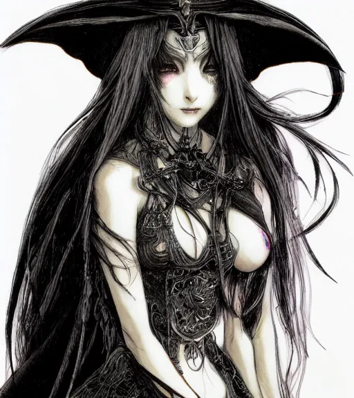 Prompt: portrait of anime succubus with long hair wearing a witch hat, wearing a dark robe designed by yoshitaka amano, pen and ink, intricate line drawings, by craig mullins, ruan jia, kentaro miura, greg rutkowski, loundraw