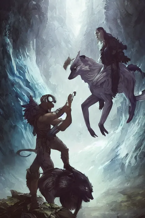 Prompt: concept art of fitzchivalry and nighteyes wolf taking ayahuasca with jonathan lehmann, by aenaluck, artgerm and roberto ferri and greg rutkowski, blue and white tones, digital painting, artstation, concept art, smooth, sharp foccus ilustration hq