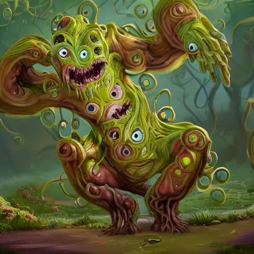 Prompt: cute anthropormorphic unusual alien plant monster with big eyes and leafy vine like arms and legs character concept detailed painting 4 k